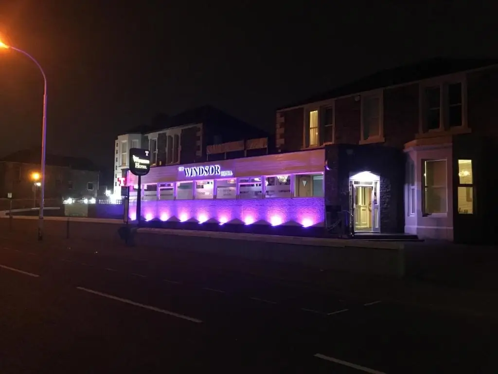 The Windsor Hotel and Bar exterior illuminated at night, Kirkcaldy